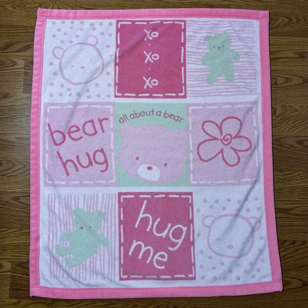 Carters Classics All About A Bear Pink Baby Blanket Hug Me Fleece Green White